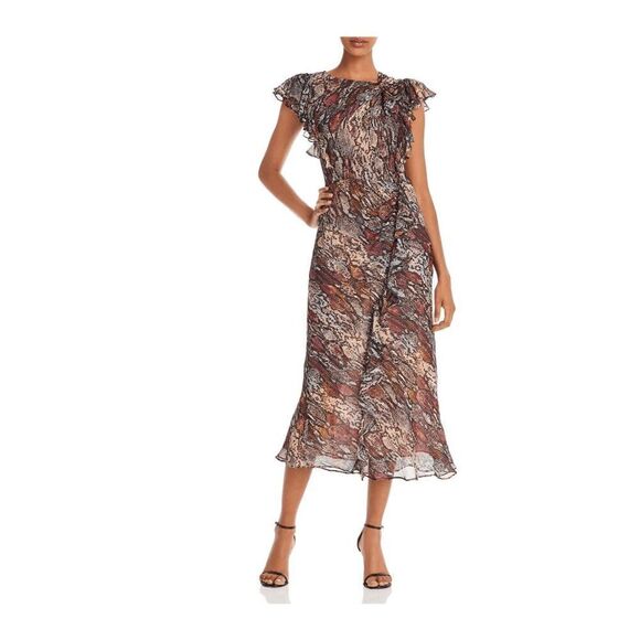 Rebecca Taylor Silk Snake Ruffle Dress Met Python Print Midi Multicolor Size 8